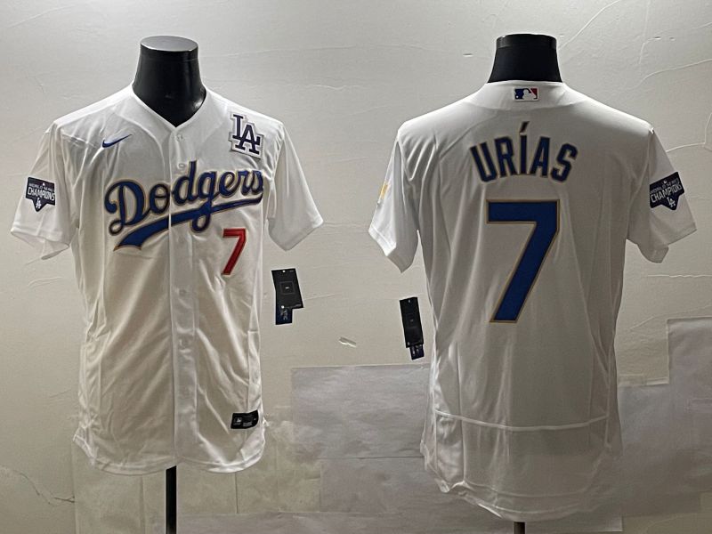 Men Los Angeles Dodgers #7 Urias White Gold Elite 2025 Nike MLB Jersey style 5